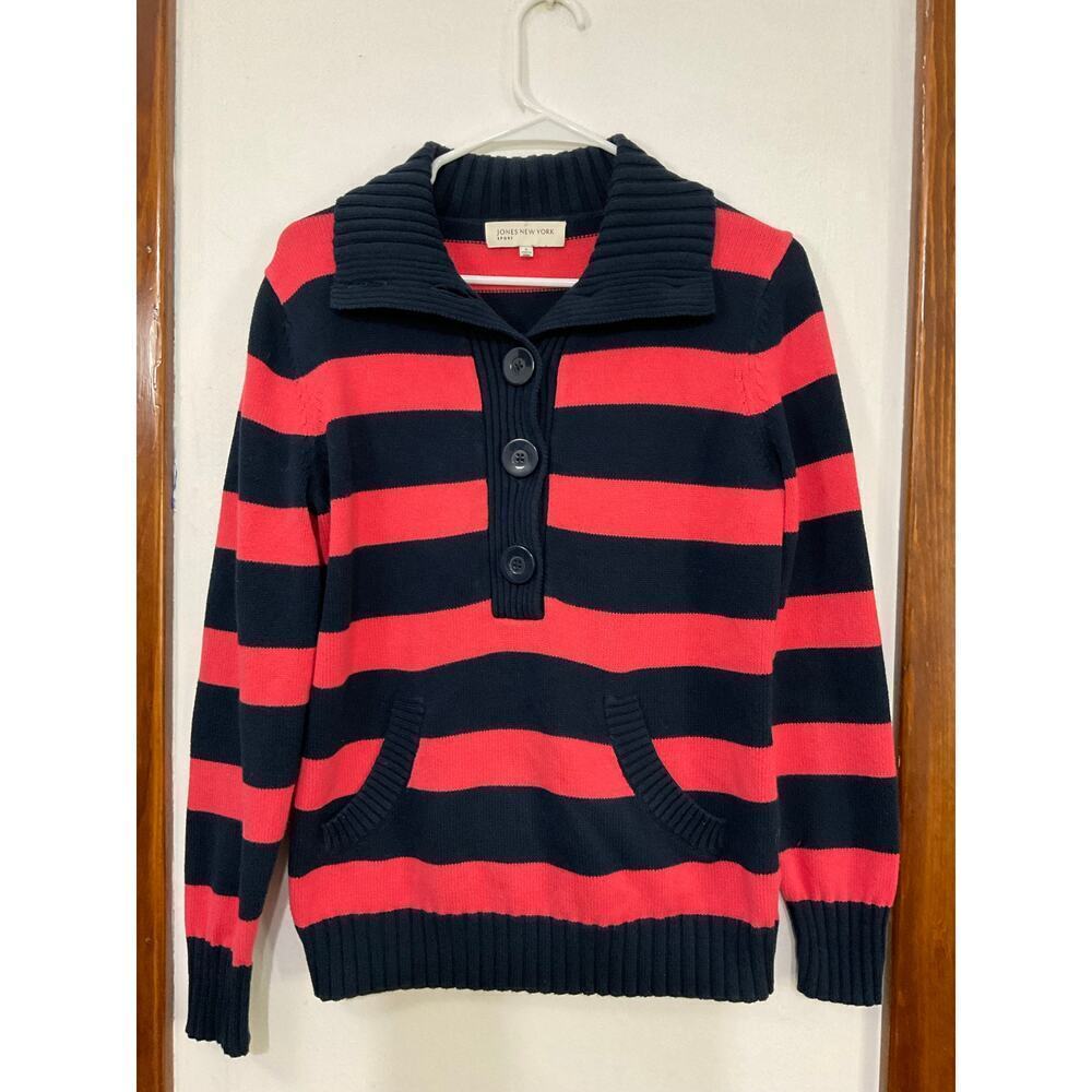 VTG Y2K Jones Sport Womens Striped Knit Sweater Ribbed Size Small Fold Collar - Picture 5 of 7